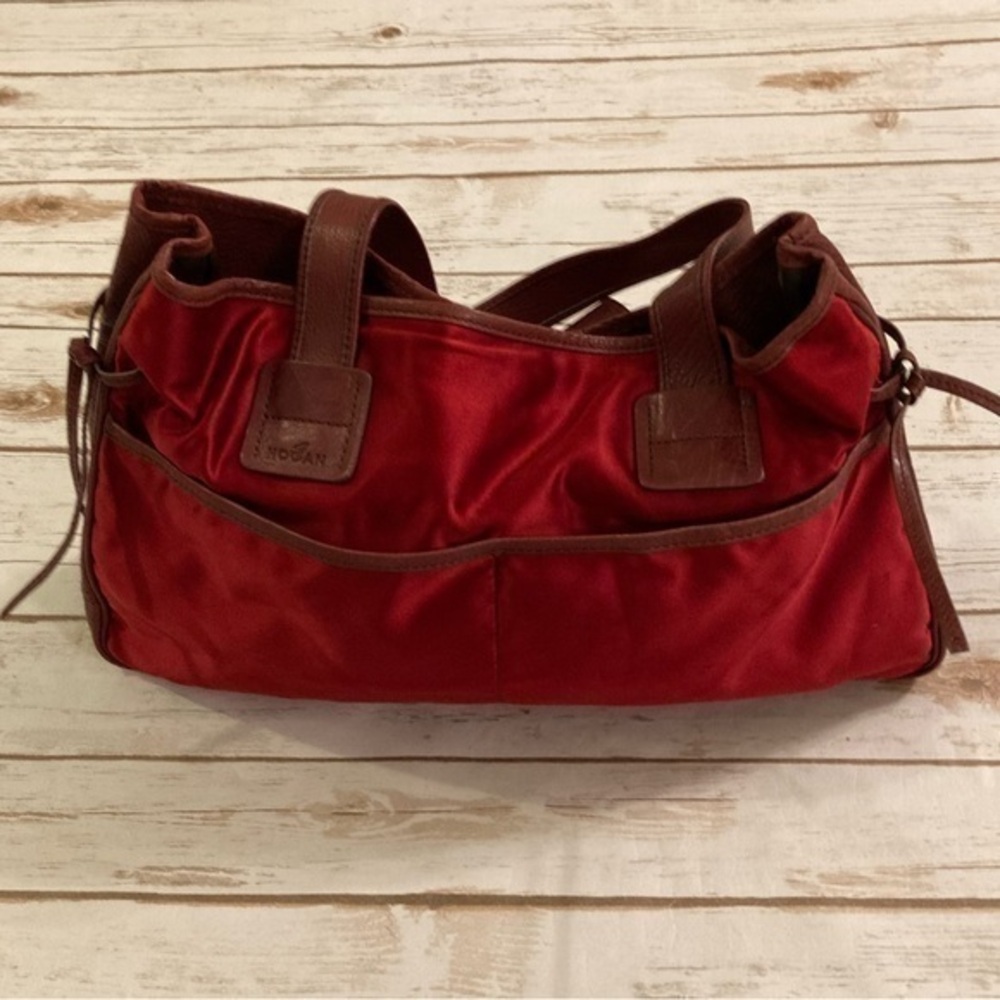 Hogan Red Satin and Leather Shoulder Hobo Travel Tote Bag